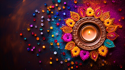Diya placed in middle of colorful rangoli top view happy Diwali background - ai generative