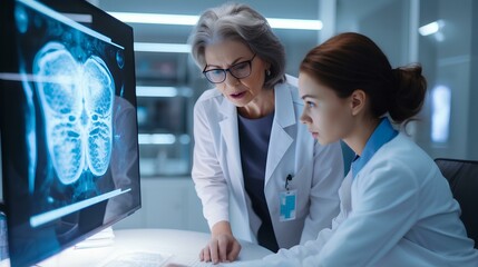 A senior experienced employee helps a young new girl at work by showing a brain X-ray in the field of innovative and advanced medicine and neurophysiology. - obrazy, fototapety, plakaty