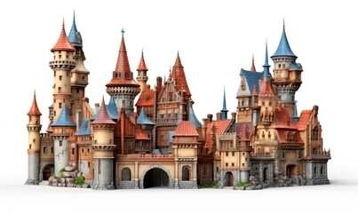 Medieval city castle background. Colorful 3d gothic fantasy fortress in renaissance style with towers and central gate with red and blue tile roofs - obrazy, fototapety, plakaty