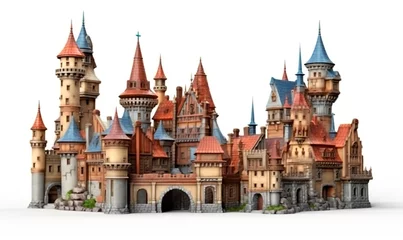 Foto op Canvas Medieval city castle background. Colorful 3d gothic fantasy fortress in renaissance style with towers and central gate with red and blue tile roofs © Kyryl