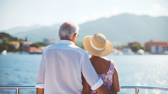 A senior couple enjoying their golden years by traveling on a luxurious cruise ship. They are seen standing on the deck, looking out at the vast ocean, embodying the spirit of adventure and love.