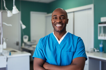 Fototapeta premium Happy dentist standing in front of the dentists room