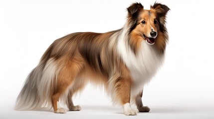 Shetland sheepdog stands in front of a white background