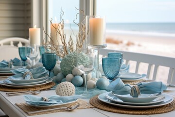 Photo of a Christmas beach-inspired table centrepiece with seashells and candles created with Generative AI technology - obrazy, fototapety, plakaty