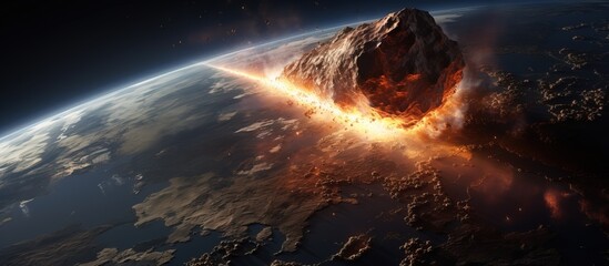 Fiery meteor entering earth s atmosphere illustrated in 3D