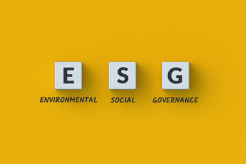 Abbreviation ESG on cubes. Environmental social governance. Ecology concept. World sustainable environment. Ethical business and organization. 3d render