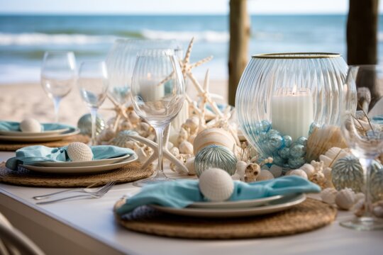 Photo of a Christmas beach-inspired table centrepiece with seashells and candles created with Generative AI technology