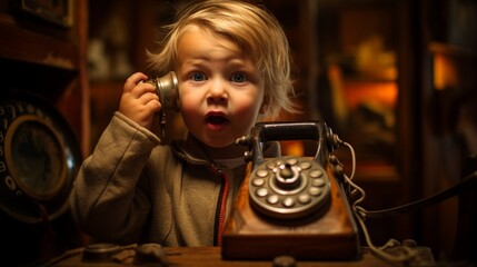 Using a close-up lens (50mm), photography was used to capture the child's earnest expression and the intricate details of the vintage phone in this nostalgic scene of a determined child using a vintag - obrazy, fototapety, plakaty