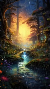 Take a walk in the woods fantasy beautiful nature portrait illustration s background. seamless looping time-lapse virtual 4k video animation background.	