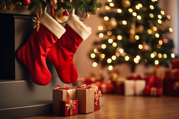 Red Santa Claus hat and sock hanging under christmas tree in the house, Christmas stockings. Generate Ai
