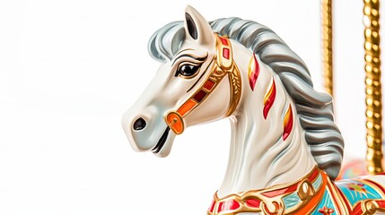 Fototapeta na wymiar On a white background, a close-up of a plastic horse from a carousel or merry-go-round.