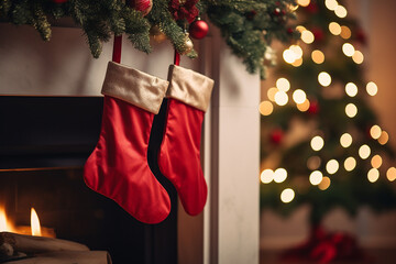 Red Santa Claus hat and sock hanging under christmas tree in the house, Christmas stockings. Generate Ai