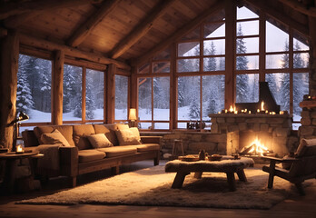 Winter cabin in the woods with fireplace and scenic view of snowy mountains. Travel and vacation idea. Season concept. With copy space.