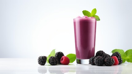 Fruit Smoothie with Blackberry in the glass on white background, fresh Blackberry. Horizontal banner. Minimalism. Ai generated