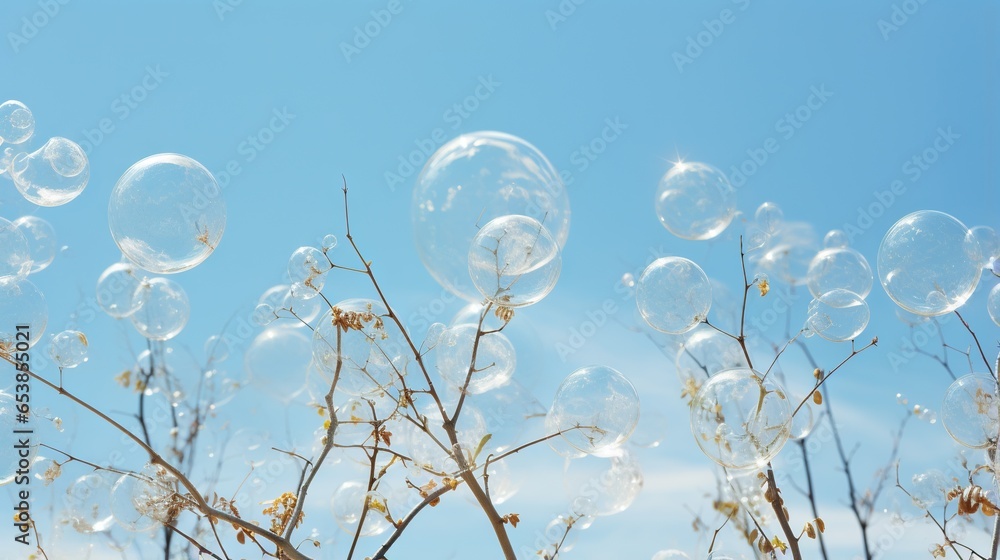 Poster a bunch of bubbles floating in the air over a tree. generative ai