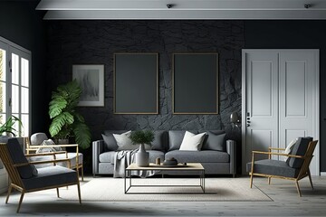 Slate Gray Living Room with Frames on the Wall