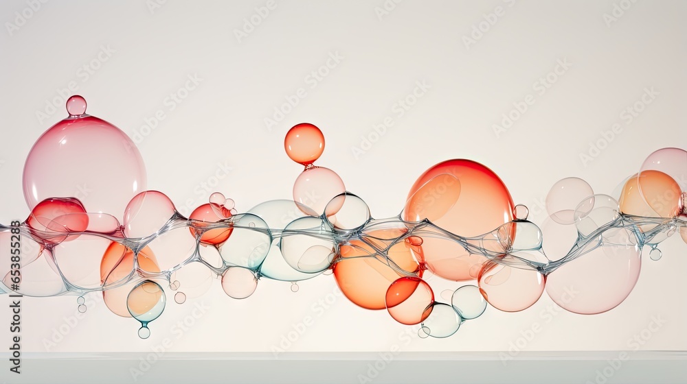 Poster a group of bubbles floating on top of a white surface. generative ai