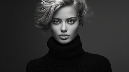 Beautiful, elegant woman in a black turtleneck is depicted in black and white in a fashion art studio portrait. The high beam is covered in hair.
