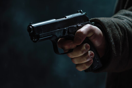 Male hand holding gun on black background