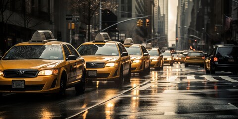 Taxi Cabs in a City: Urban Transportation in Action as Yellow Taxis Navigate Busy Streets,...