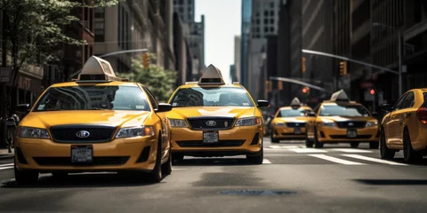 Crédence de cuisine en verre imprimé TAXI de new york Taxi Cabs in a City: Urban Transportation in Action as Yellow Taxis Navigate Busy Streets, Providing Vital Public Transportation Services in the Metropolitan Area.
