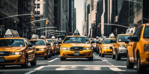 Taxi Cabs in a City: Urban Transportation in Action as Yellow Taxis Navigate Busy Streets, Providing Vital Public Transportation Services in the Metropolitan Area.