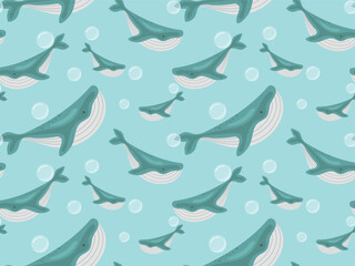 Seamless pattern with whales and air bubbles. vector illustration for wallpaper, wrapping paper, covers.