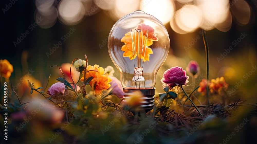 Poster a light bulb with a flower inside of it sitting in a field of flowers. generative ai