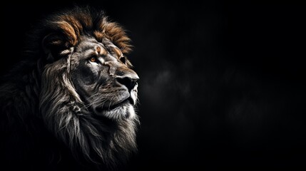 Panthera leo looking forward, lion profile portrait on black backdrop, amazing dramatic king of...