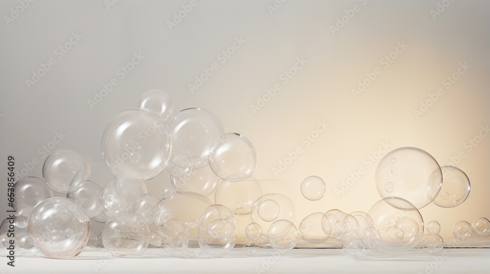 Poster a bunch of bubbles floating in the air on a table. generative ai