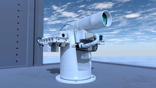 Laser weapon on the deck of a ship