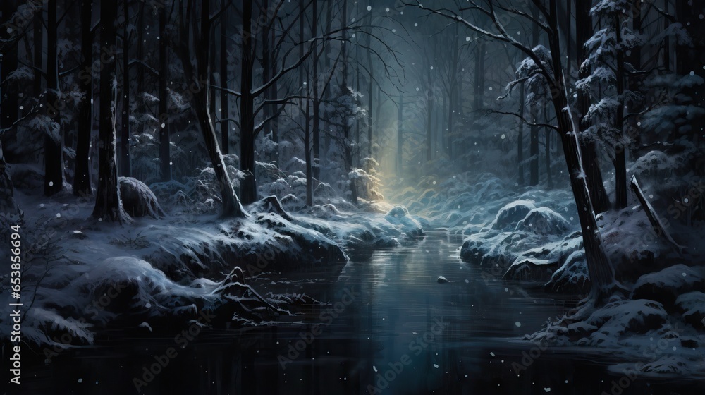 Aufkleber a painting of a snow covered forest with a stream running through it. generative ai