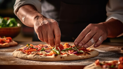 Close-up photo of a Chef making a pizza