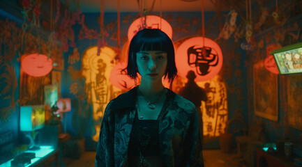 portrait of a japan girl surreal neon nightclub