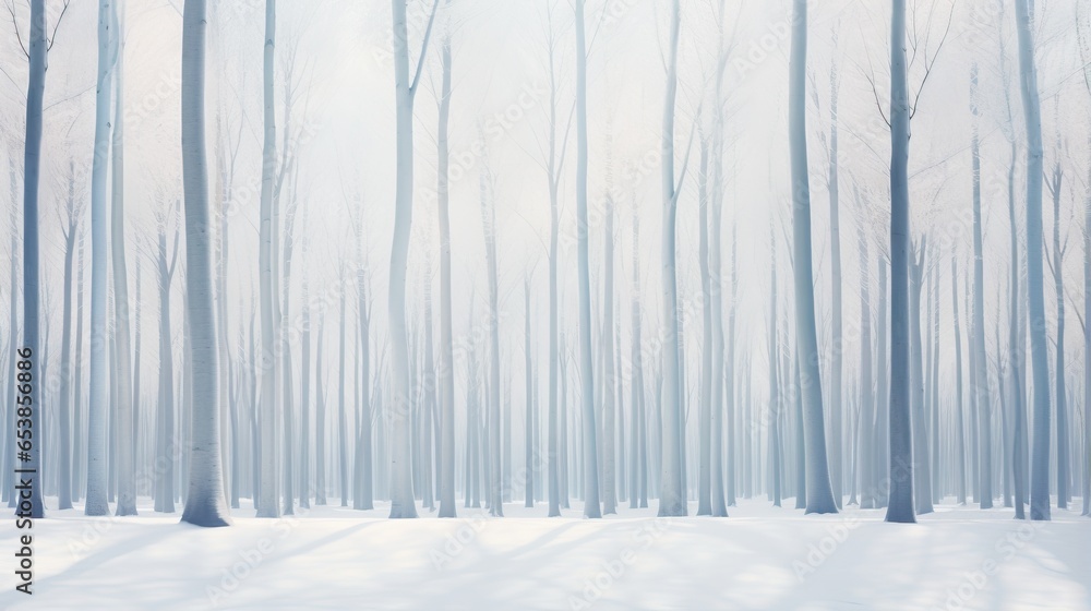 Poster a snow covered forest filled with lots of trees and snow. generative ai