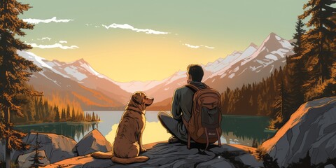 Illustration of Two Hikers with Backpacks Relaxing Next to a Dog on a Rock, Embodying the Essence of Work-Life Balance Through Outdoor Adventure and Tranquil Moments
