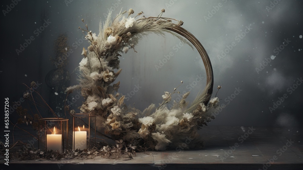 Poster a candle and a wreath with feathers on a table next to it. generative ai