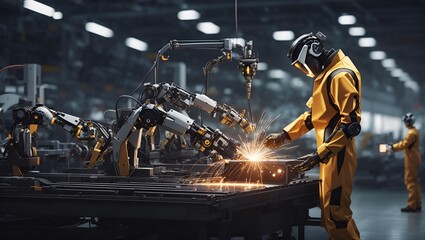 Engineer check and control welding robotics automatic arms machine in factory automotive industrial. blurred digital manufacturing operation - obrazy, fototapety, plakaty
