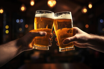 Friends clinking with beer glasses at pub, close up, dark background 