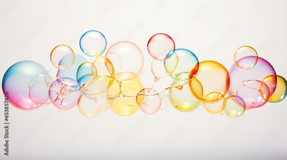 Poster a group of soap bubbles floating on a white surface with a white background. generative ai