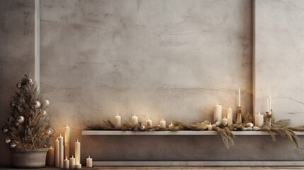  a mantle with candles, a christmas tree and a potted plant.  generative ai