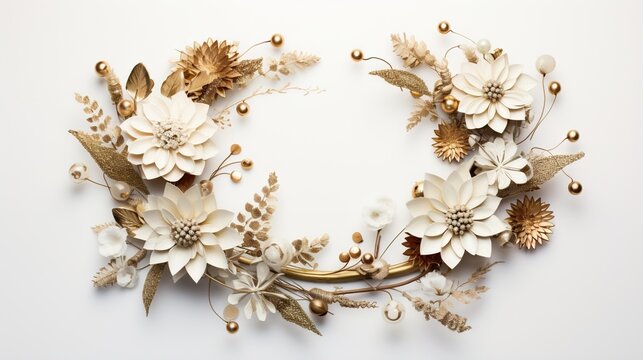  a white and gold wreath with flowers on a white background.  generative ai