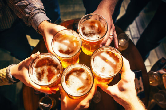Group of friends clinking with beer glasses at pub, close up 