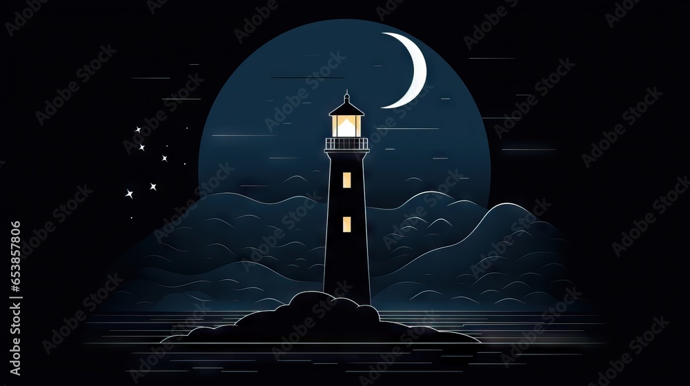 Poster a lighthouse on a rock in the middle of the ocean at night. generative ai