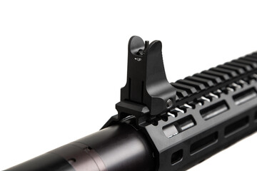 Close-up of sights on an automatic rifle. Weapons for police, special forces and the army. A...