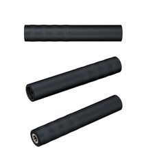 Black silencer for weapons. Suppressor that is at the end of an assault rifle. Isolate on a white back.