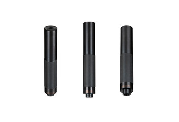 Black silencer for weapons. Suppressor that is at the end of an assault rifle. Isolate on a white...