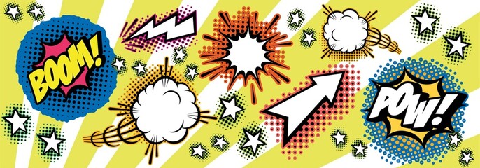 Comic illustration with retro, vintage elements. Wallpaper multicoloured, graffiti collage style.