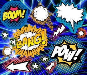 Comics horizontally banner. Vintage, retro style. Space background. 