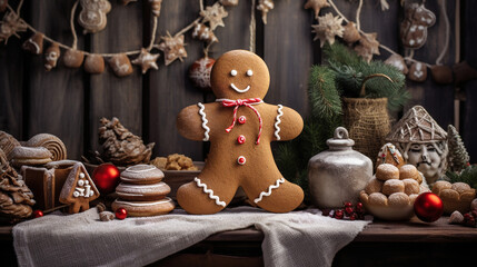 Christmas gingerbread cookies and gingerbread man with Christmas decorations on dark background with lights. Traditional Christmas baking.